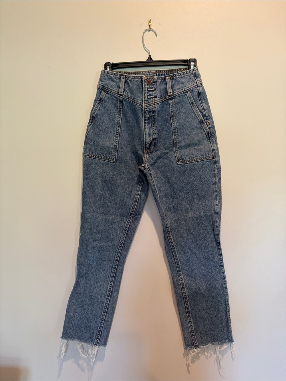 Abercrombie & Fitch High-Rise Medium Blue Straight-Leg Jeans with Raw Hem